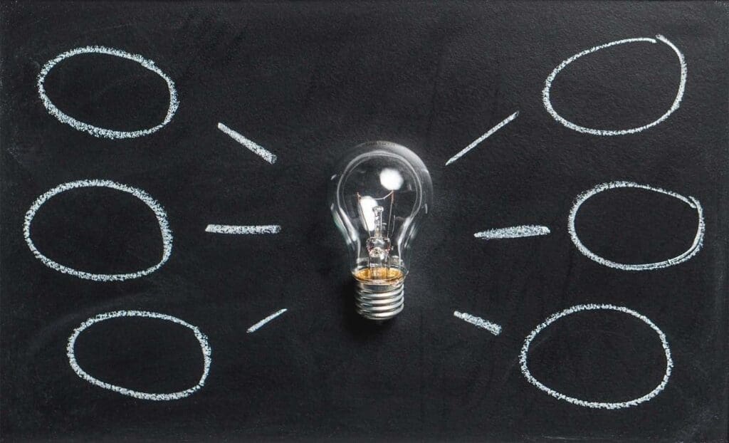 Lightbulb on chalkboard background - renewable energy solutions 2020
