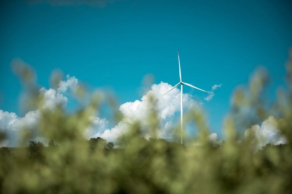 Wind turbine in field with grass in foreground - 5 ways to power your home with renewable energy