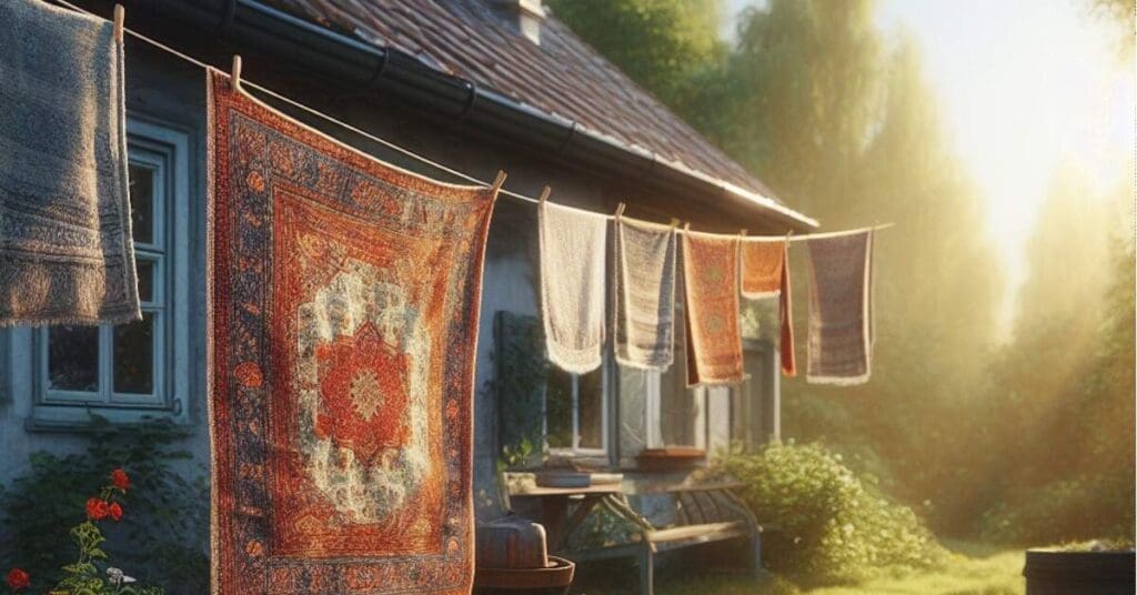 Drying rugs hanging on clothesline