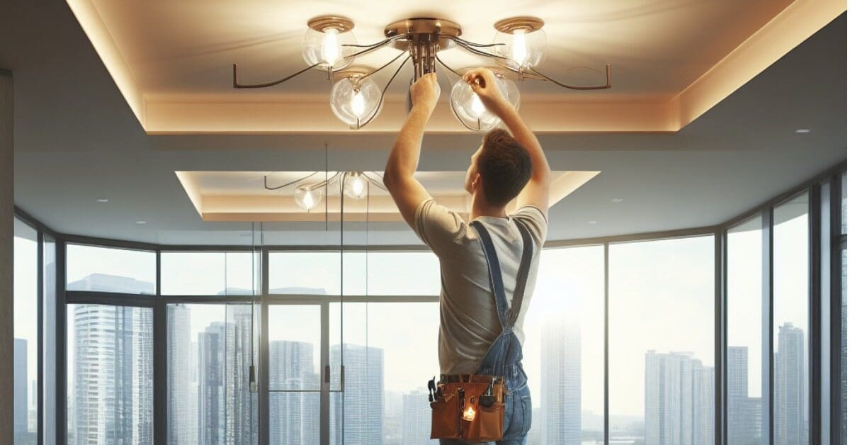 Electrician installing light fixture
