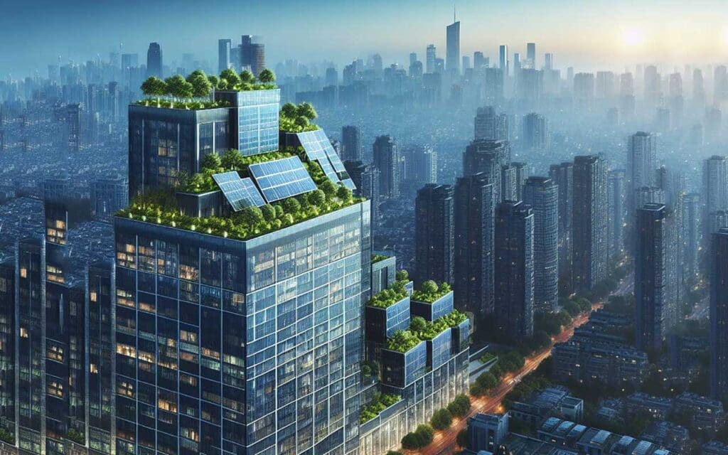Leed'S Reputation At Risk Due To Flooding Vulnerabilities 10 Green building skyscraper with green roof and solar panels