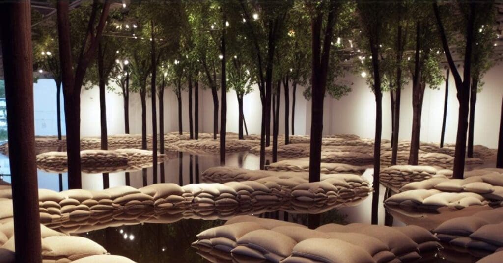 Sandbags in water around trees - eco-friendly sandbags