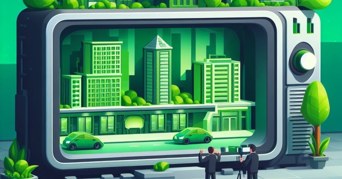 Tune In To These Informative &Amp; Entertaining Green Building Shows And Documentaries 2 Television screen with green cityscape and camera person in front - green building features on tv