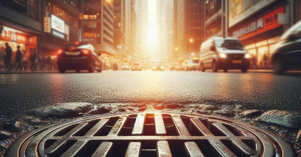 Sewer grate on city street