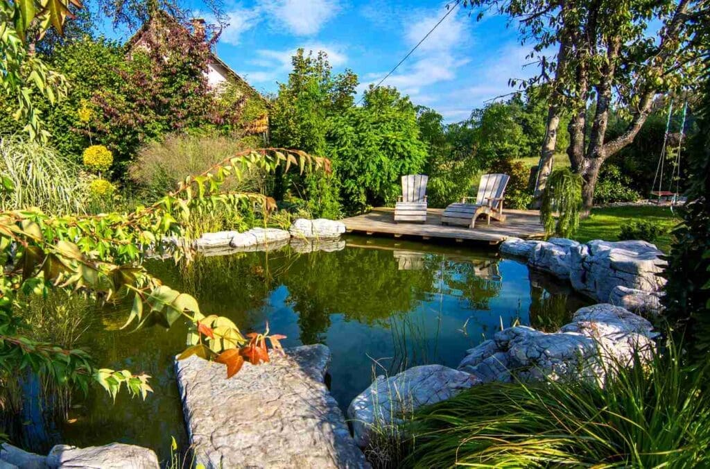 Natural Swimming Pools: An Eco-Friendly Alternative 4 Natural swimming pool with deck chairs in garden