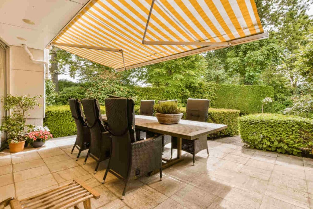 Retractable awning covering a patio