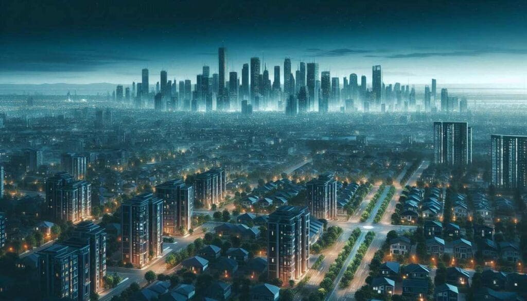 Skyline city buildings electricity