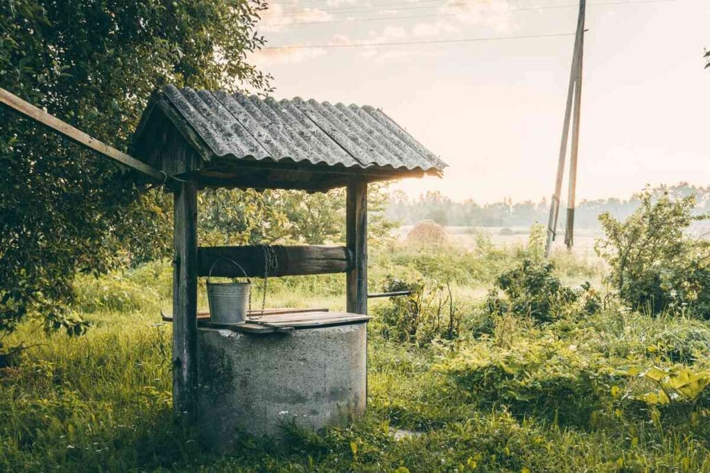 A well in the middle of a grassy field