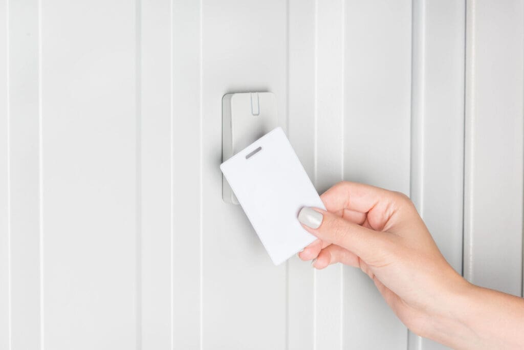 Woman scanning keycard