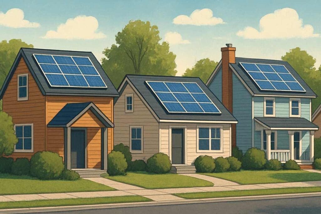 Suburban street with solar panels on roofs