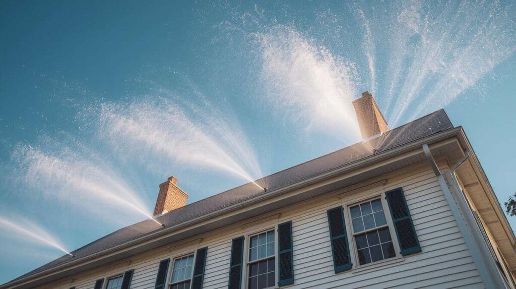 Rooftop sprinklers on house for wildfire resilience