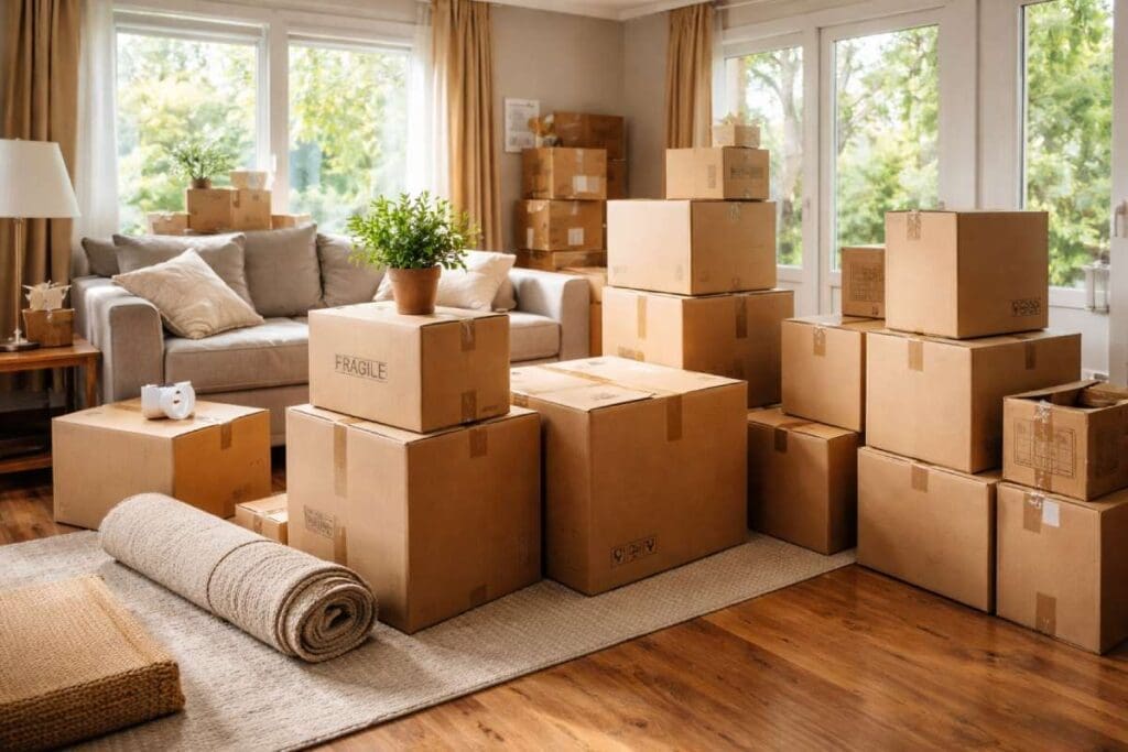 Boxes in living room of house for move