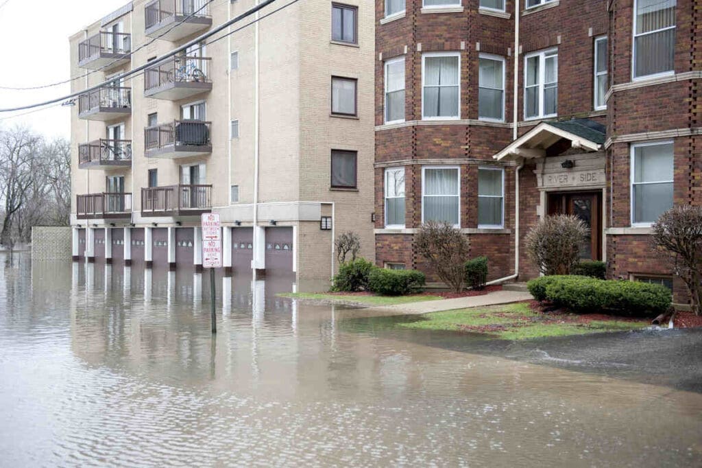 Flooding of buildings in city