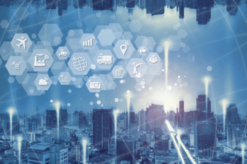 Diagram showing how internet of things works on top of cityscape - how iot promotes energy optimization in buildings