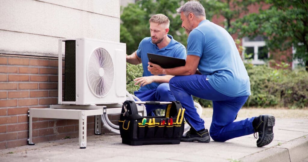 HVAC installers installing heat pump